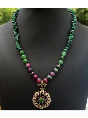 Handcrafted Malachite & Ruby Zoisite Beaded Necklace With Ornate Pendant